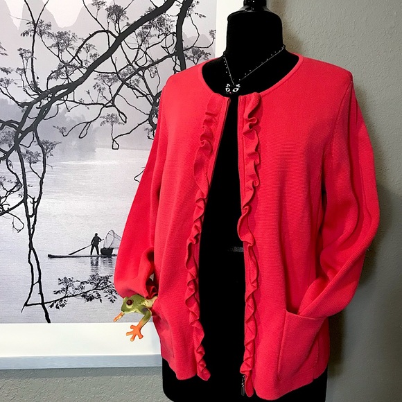 Talbots Sweaters - Talbots Ruffled Full Zip Office Cardigan Sweater Pockets